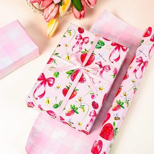Strawberry Wrapping Paper Roll 17 Inch X 33 Feet <b>Pink</b> Floral Bow Design Gift <b>Wrap</b> Art Paper - Product Image 4