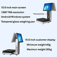 Mesin Timbangan POS semua dalam satu layar ganda 15.6 inci skala POS 40 g-30 kg dengan sistem Printer POS termal bawaan