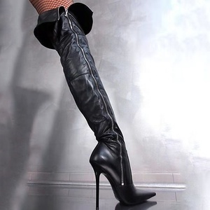 Nouveautés - Bottes hautes pour femmes, taille 47, avec empeigne lisse, fermeture éclair latérale, talon fin, bout pointu, bottes longues sexy pour femmes - Product Image 4