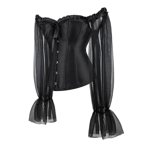 Off Shoulder Gothic Corselet Overbust Corset <strong>Black</strong> Sheer Long Sleeve Bustier <strong>Top</strong> Korset <strong>Basques</strong> Shirt - Product Image 1
