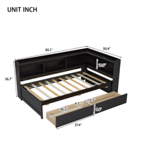 Lit d'enfant en forme de L, taille double, avec bibliothèques, prises électriques et ports de charge USB, deux tiroirs, design moderne pour chambre à coucher et salon