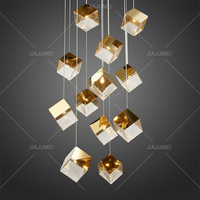 Lustre en cristal LED suspendu réglable en hauteur, style géométrique cube, pour escalier, duplex, salon, hall d'hôtel