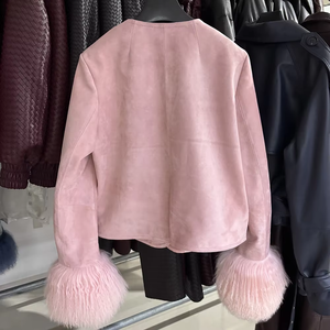 Elegant Suede Outerwear with Fur Cuffs Luxury Suede <strong>Jacket</strong> <strong>Women</strong> <strong>Pink</strong> Suede <strong>Jackets</strong> - Product Image 3