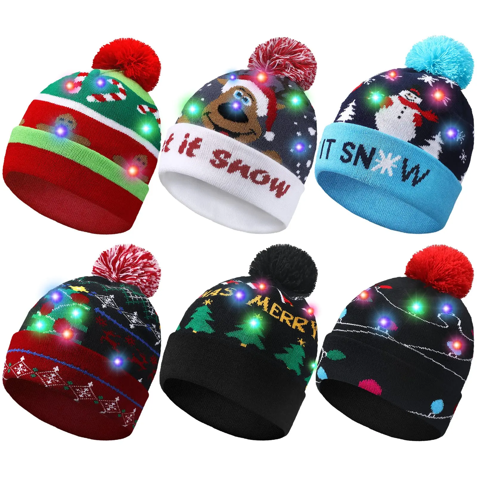 LED Christmas Hat Light Up party Unisex Snowman Elk Christmas tree flanged knitted hat with ball and LED