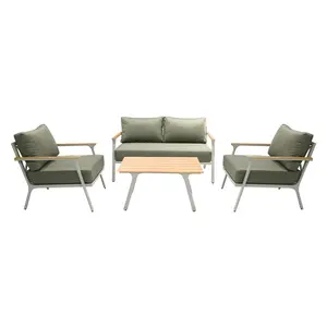 YOHO Luxus Outdoor Garten Aluminium und Gussaluminium Sofa-Set hochwertiges 4-teiliges Teakholz-Armlehnen-Sofa-Set
