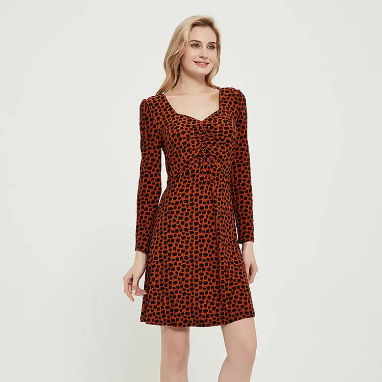 WF20608-PM 2021 fall long sleeve fashion women mini midi dress lady elegant leopard print long even dress