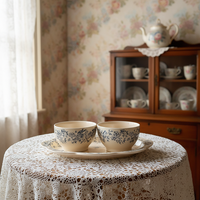 Service de vaisselle en céramique écologique de style français vintage, motif végétal, bleu azur rêve, rétro, pour dessert, gâteau, thé de l'après-midi, pâtisserie