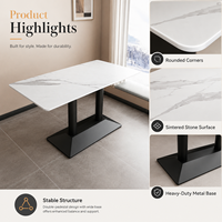 Table à manger moderne en pierre frittée, aspect marbre, base en métal noir, rectangulaire avec coins arrondis, pour hôtel, restaurant, OEM personnalisé