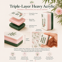 Tuiles de Mahjong américaines en acrylique triple couche, motif feuille de bambou, dos vert jade, motifs botaniques roses, toucher lisse
