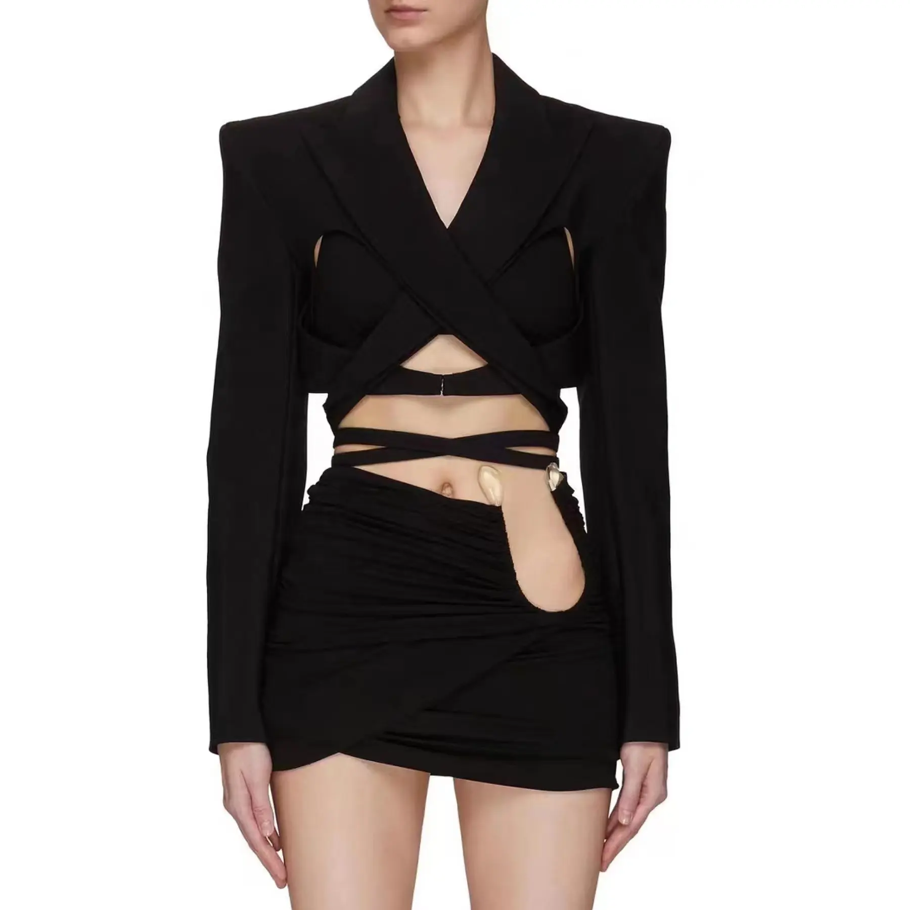 OUDINA Fashionable Spring Sense Texture Black Top Cut-out Backless Waist Suit Coat Blazers Jacket Ladies Women's Blazer