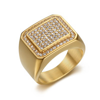 Bague Hip Hop carrée en zircone cubique, étanche, en acier inoxydable plaqué or 18 carats, inaltérable, pour homme