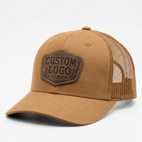 Casquette de camionneur respirante en maille à 5 panneaux avec logo en cuir personnalisé OEM de haute qualité pour la pêche et la chasse en extérieur