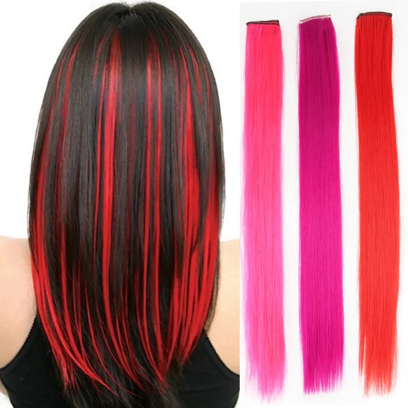 Extensão de cabelo sintético clipe em uma peça, colorido, sintético, alta temperatura, ombré, rosa, vermelho, azul, para mulheres, crianças