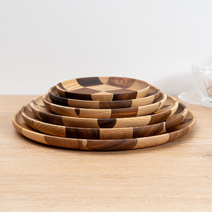 Wooden Checkerboard <b>Tray</b> Acacia Wood Round Serving Plate For <b>Tea</b> Coffee Hotel Use - Product Image 4