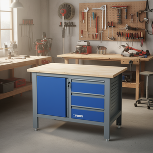 ชุดประกอบโต๊ะทำงานเฟอร์วี ขนาด 120x60 ซม. พร้อมท็อปไม้และลิ้นชักเก็บของสีน้ำเงิน สำหรับใช้ในโรงงาน - Product Image 2