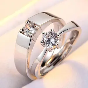 批发可调整2件套925银情侣钻石戒指锆石订婚求婚戒指2023