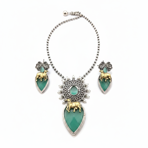 Two Tone Pota Stone <b>Long</b> Necklace Set for Women Traditional Indian Ethnic Jewelry for Wedding and Festive Wear - Product Image 2