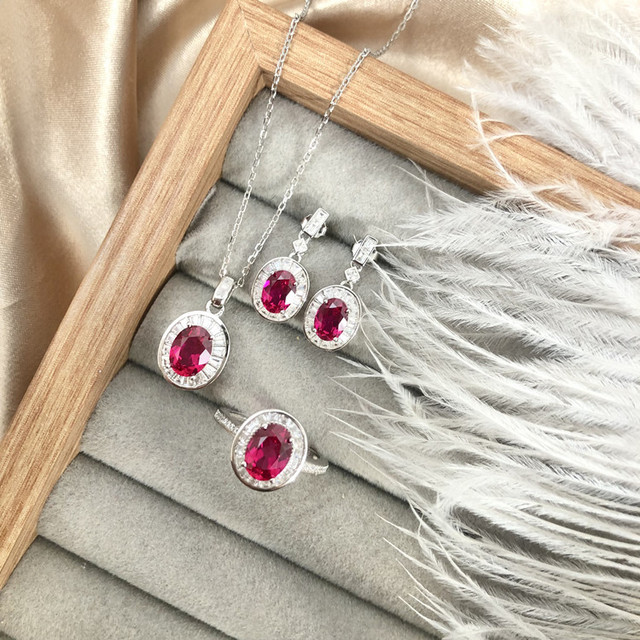 925 Sterling Silver Oval Cut Lab Grown Ruby Gemstone Silver Jewelry Sets