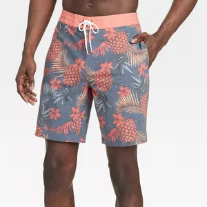 Celana pendek pantai kustom pria, celana pendek renang papan melar 4 arah nanas tropis untuk lelaki