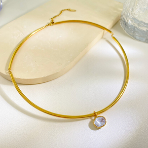 18K PVD Gold Plate Stainless Steel <strong>Necklace</strong> Classic White Circle Shaped Zircon Pendant <strong>Choker</strong> <strong>Necklace</strong> - Product Image 1
