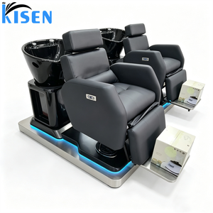 Station de lavage de cheveux KISEN, lavabo en céramique noire brillante intégré, fauteuil inclinable électrique, accoudoirs entièrement rembourrés, revêtement PU imperméable. - Product Image 3