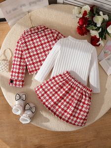 Ensemble de vêtements pour bébé <span class=keywords><strong>fille</strong></span>, <span class=keywords><strong>jupe</strong></span> à carreaux <span class=keywords><strong>rouge</strong></span> + chemise blanche pure + manteau à manches longues à col en V exquis - Product Image 2