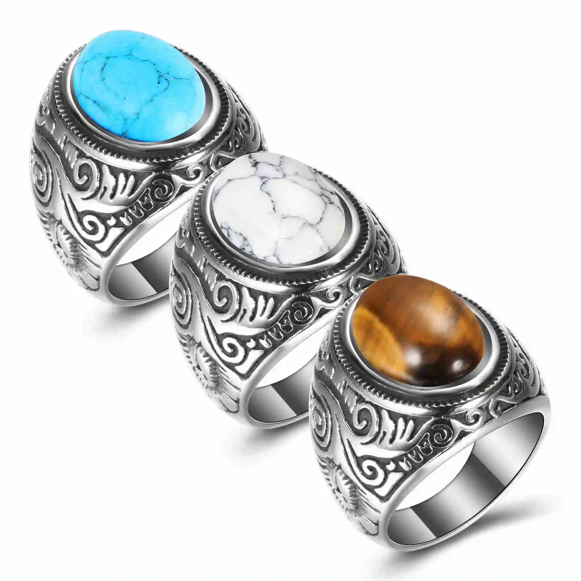 Vente en gros de pierres précieuses, bague turque pour hommes, bijoux en acier inoxydable pour hommes, howlite oeil de tigre, bagues turquoises, bijoux de mode, bagues pour hommes