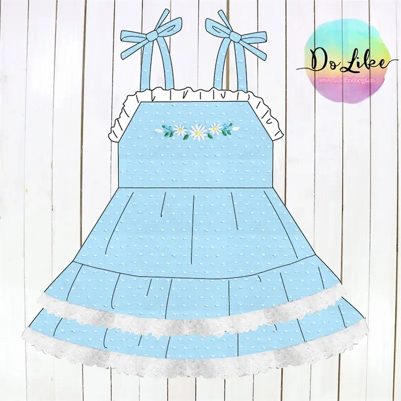 Spring blue lace toddler baby girls dresses clothing fancy design woven Swiss dots fabric little girl dress kids clothes