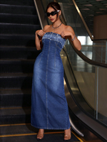 Femmes été sans bretelles Maxi robe Sexy maigre Style Simple robe moulante cintrée taille décontracté moulante longue robe faite Denim