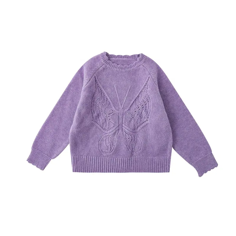Q2641-suéteres con cuello de flores para niñas, Boutique, mariposa, Top calado, moda de otoño, venta al por mayor