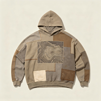 Sudadera con capucha de peso pesado con efecto desgastado por el sol, estampado de mapa topográfico, estilo vintage con costuras reparadas, tipo jersey urbano