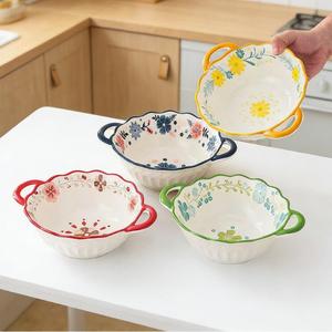 Wholesale Household <b>Simple</b> Style Ceramic <b>Microwave</b> Safe Soup Bowl Japanese Style Yellow Flower Painted Bowl - Product Image 2