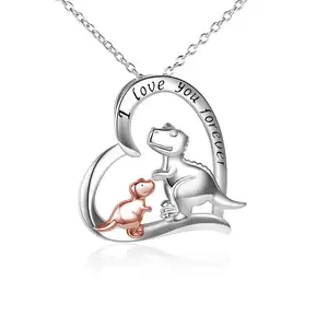 Engraved I Love You Forever 925 Sterling Silver Mothers Day Heart Mama Dinosaur Necklace