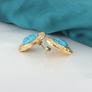 yunnique Fashion <b>Stud</b> Earrings Gold Turquoise Inlay Bezel Setting 18K <b>Titanium</b> Steel U Shaped Geometric Design - Product Image 3
