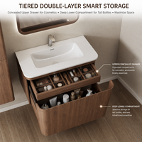 Meuble-lavabo de salle de bain en noyer courbé sur mesure OEM 900 mm avec vasque en Solid Surface et armoire latérale haute – Fourniture pour le marché de l'ameublement sanitaire