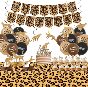 Décorations de fête d'<span class=keywords><strong>anniversaire</strong></span> sur le thème du guépard : bannière joyeux <span class=keywords><strong>anniversaire</strong></span>, serpentins, spirales, décorations de cupcakes, décorations de gâteaux, ballons, centre de <span class=keywords><strong>table</strong></span> en nid d'abeille, nappe - Product Image 1