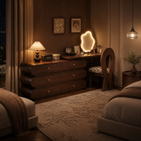 Ensemble de coiffeuse vintage français avec miroir LED ondulé en forme de nuage, commode à 6 tiroirs et chaise sculpturale