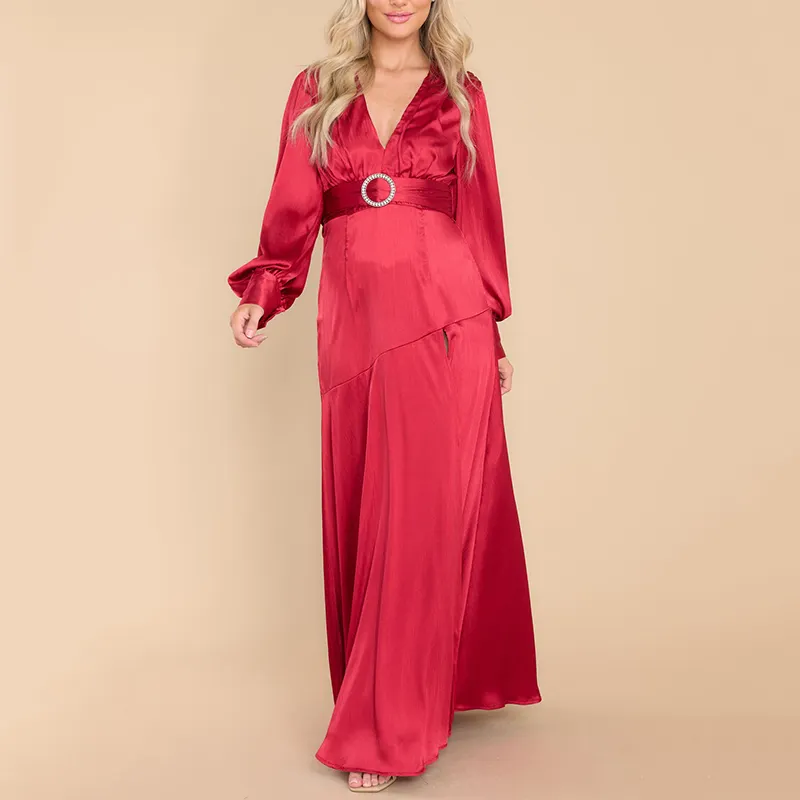 Vestido de festa assimétrico mais popular, decote em v profundo, manga comprida, cinto elegante, vermelho, ruby