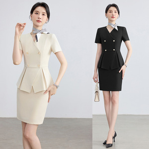 Professional Women's Suit Short Sleeve V-Neck Peplum Career Dress For Office Work Interview Anti-Wrinkle Woven Fabric - Product Image 1