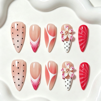 OEM ODM Vente en gros Faux ongles à presser faits main en amande, avec fleurs 3D, strass et paillettes, style français, réutilisables