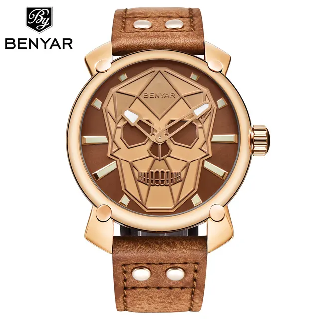 नवीनतम आगमन चमकदार घड़ी BENYAR 5132 के साथ खोपड़ी डिजाइन असली लेदर पुरुषों कलाई घड़ी खेल क्रोनोग्रफ़ क्वार्ट्ज घड़ी