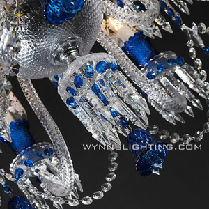 Lustre en cristal moderne luxueux Premier France à 2 niveaux, fleurs bleues en verre, installation suspendue pour hôtel incluse - Product Image 6