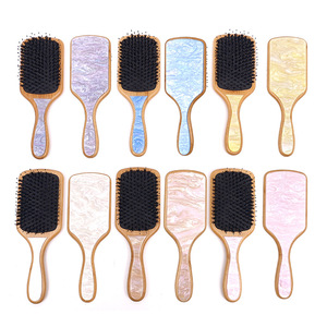 New Hair Brush Wooden with Resin on the Back Flower Pattern Acetate Hair Brush with logo Bamboo Boar Bristle Hair Dryer Brush