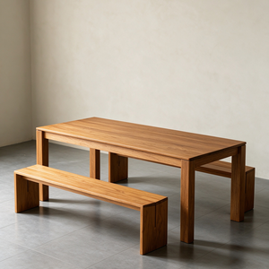 Tavolo <span class=keywords><strong>da</strong></span> Pranzo Moderno di Lusso Minimalista Contemporaneo in Legno di Teak Birmano Naturale Massiccio con <span class=keywords><strong>2</strong></span> Panche, Arredamento per Sala <span class=keywords><strong>da</strong></span> Pranzo - Product Image 4