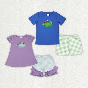 Ensemble 2 pièces en coton pour enfants, filles et garçons, t-shirt à manches courtes avec applique dinosaure et short à carreaux, tenue de rentrée scolaire - Product Image 1
