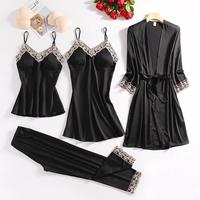 Vente en gros d'usine, pyjama de haute qualité, ensemble de vêtements de nuit en satin de soie pour femmes, ensemble de pyjama 4 pièces pour femmes, robe fille