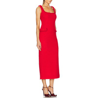 Personnalisé de haute qualité rouge col carré sans manches tresse rayure droite femmes Tweed longue robe