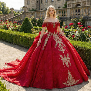 Robe de bal de Quinceañera Jancember 6980 en <span class=keywords><strong>brocart</strong></span> royal rouge or, à épaules dénudées - Product Image 1