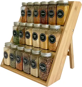 三层竹制调味料罐架，并组织出色的分层木制调味料架，可独立式橱柜抽屉