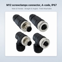 Connecteurs M12 DIN à fixation sur site, codage A, étanches IP67, à contacts dorés, à visser, mâle/femelle, droits/angulaires, 3-8 broches, en stock, expédition immédiate